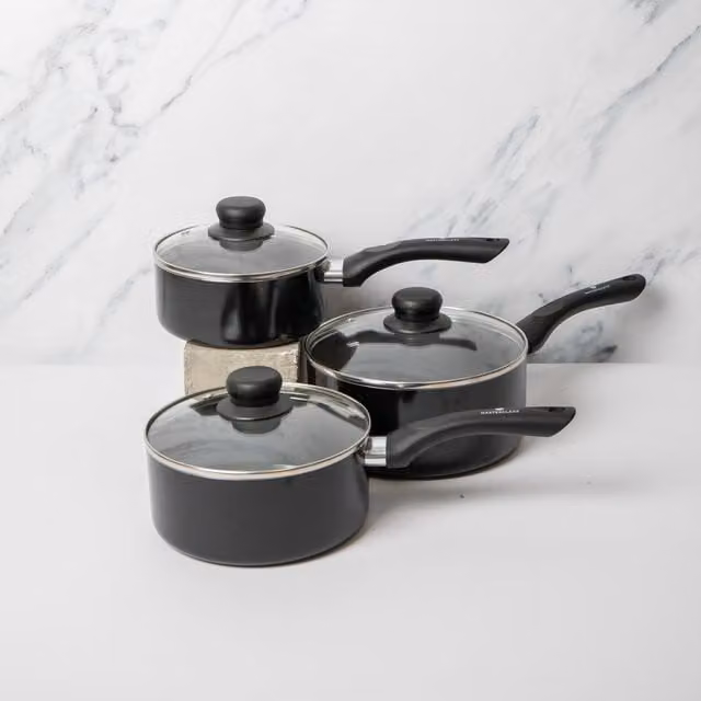 MasterClass 3pc Can-to-Pan Non-Stick Aluminium Saucepan Set with Lids, Dark Grey
