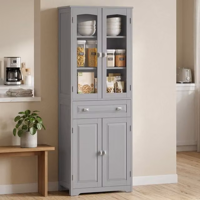 HOMCOM Modern Grey Kitchen Cupboard Storage Cabinet with Glass Doors and Adjustable Internal Shelves