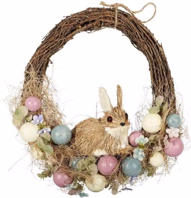 KDMD Brown Easter Half Wreath with Sitting Rabbit and Floral Rattan Decorations, Diameter: 35 cm