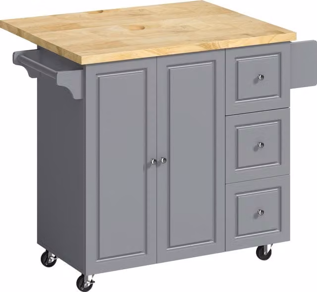 HOMCOM Grey Rolling Kitchen Island Trolley with Drop Leaf, Drawers, Towel and Spice Rack