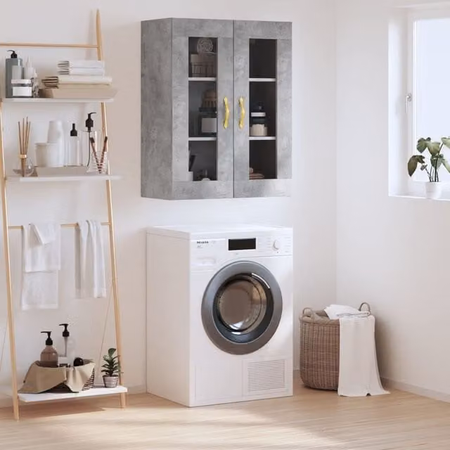 Berkfield Home Wall Mounted Cabinet in Grey with Glass Doors, W/D/H: 69.5 x 34 x 90 cm