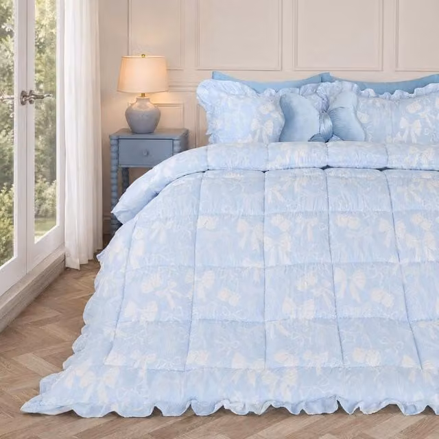 OHS Bows Frill Edge 7.5 Tog Duvet and Pillowcase Set in Blue, King Size