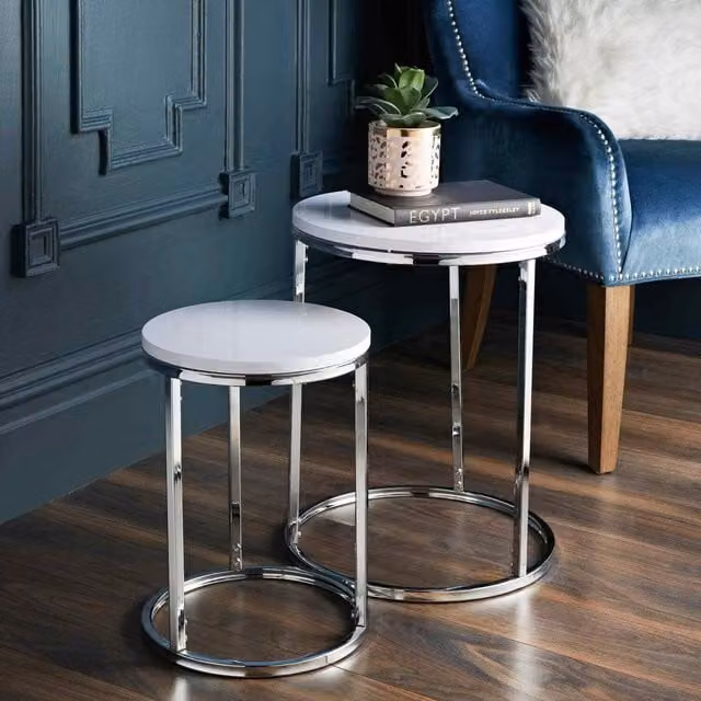 Spot On Dealz Set of 2 White Round Nested Tables with Glossy Metal Finish