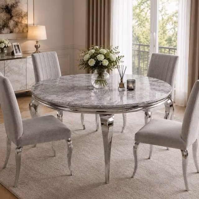 Stratus Interiors Louis Premium Marble Dining Table in Light Grey, Round, Diameter: 130 cm