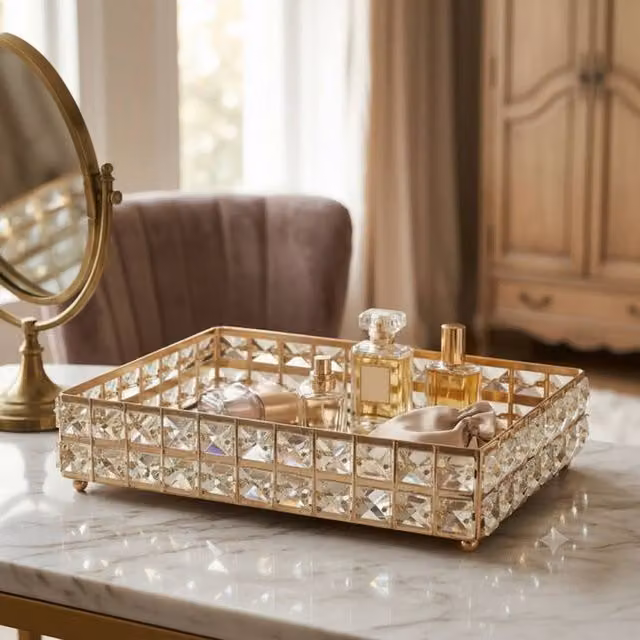 Dynasty Home UK Golden Crystal Rectangular Decorative Vanity Tray, Gold