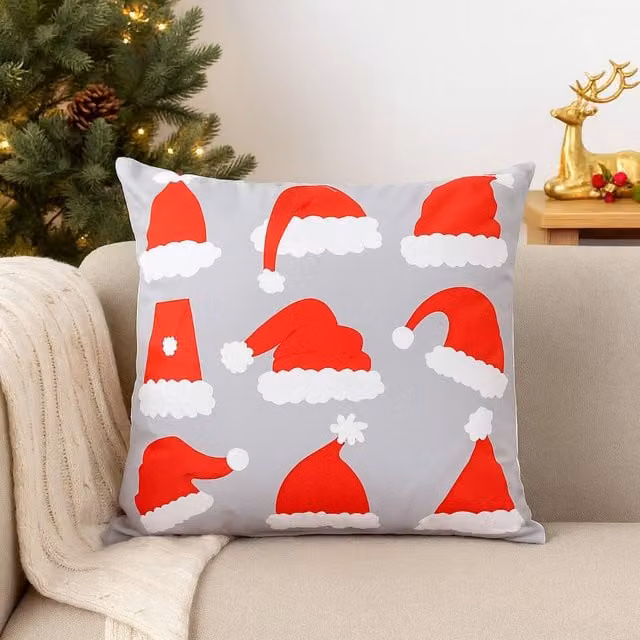 Voltico Festive Christmas Cushion with Snowflake and Santa Hat Design in Red, Grey and Multicolour, W/D/H: 35 x 35 x 35 cm