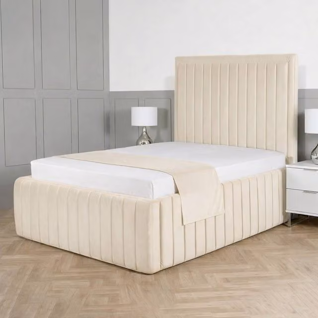Living Comfort Bedz Saint Germain Plush Upholstered Bed with Slatted Base and 48 Inch Headboard in Cream/Beige, Super King Size