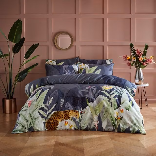 Make it a Home Artemis Reversible Floral Botanical Duvet Cover Set in Blue and Grey, 90 x 200 cm