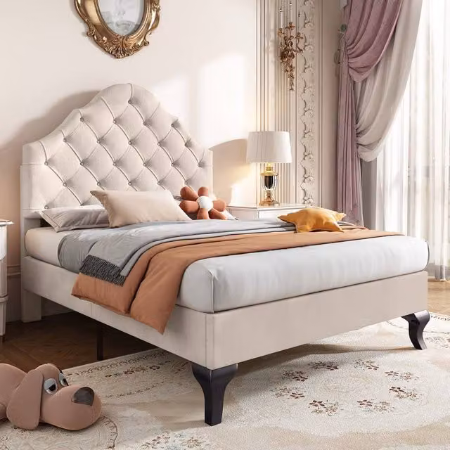 BTM Beige Velvet Upholstered Bed with Slatted Support W/D/H: 90 x 190 x 22 cm