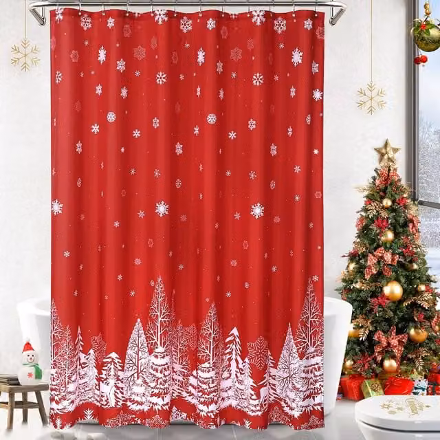 London Boutique Festive Christmas Waterproof Polyester Shower Curtain in Red and White, W/H: 182.88 x 182.88 cm