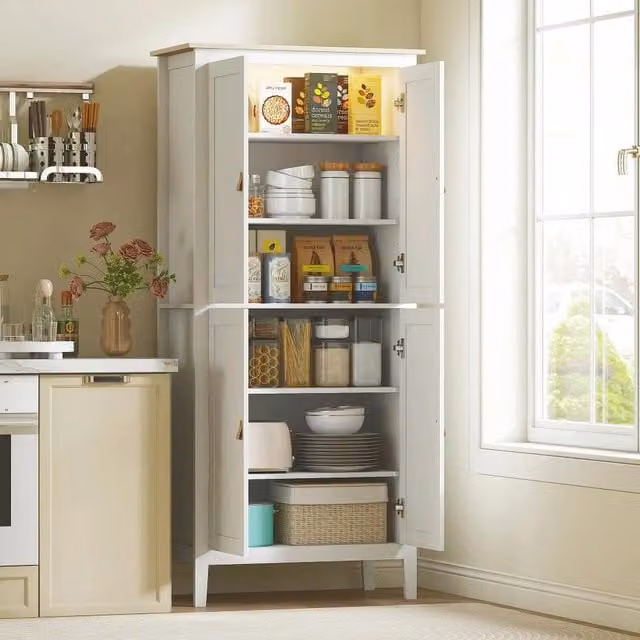 Chilli Seating Modern White Tall Kitchen Pantry Cupboard with Integrated Motion Sensor LED Lighting and Hinged Doors