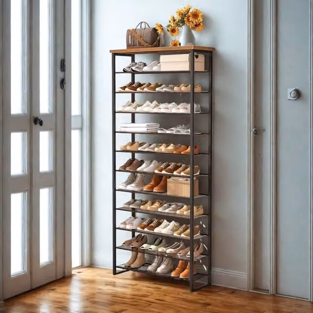 FURNOS 12-Tier Large Hallway Shoe Rack Storage Organiser in Brown and Black, W/D/H: 75 x 28.5 x 191 cm