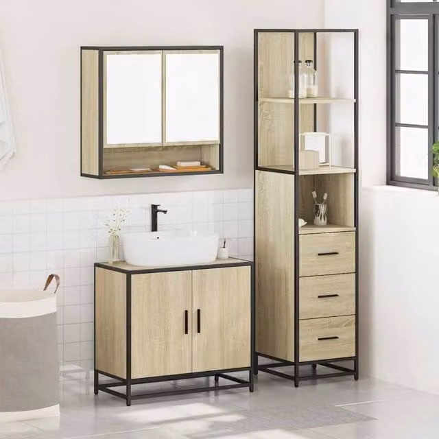 Berkfield Home 3 Piece Industrial Bathroom Furniture Set in Brown with Mirror Cabinet, Vanity Unit and Tall Cabinet