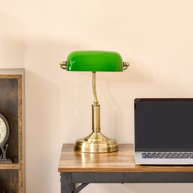 HOMCOM Banker's Table Lamp with Green Glass Dome and Antique Bronze Base