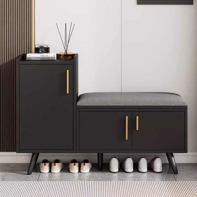 Merax Modern Shoe Bench Storage Cabinet with Padded Fabric Seating Cushion in Black, W/D/H: 100 x 34 x 69 cm