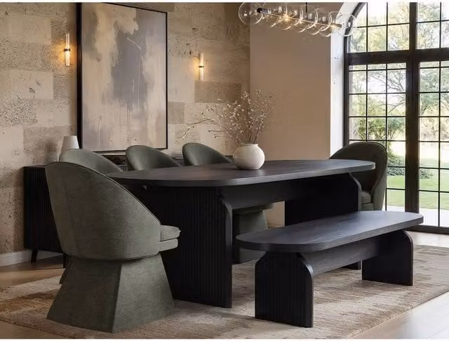 Solace+Co Scandinavian Extendable Dining Table with 5 Green Chairs and Black Bench