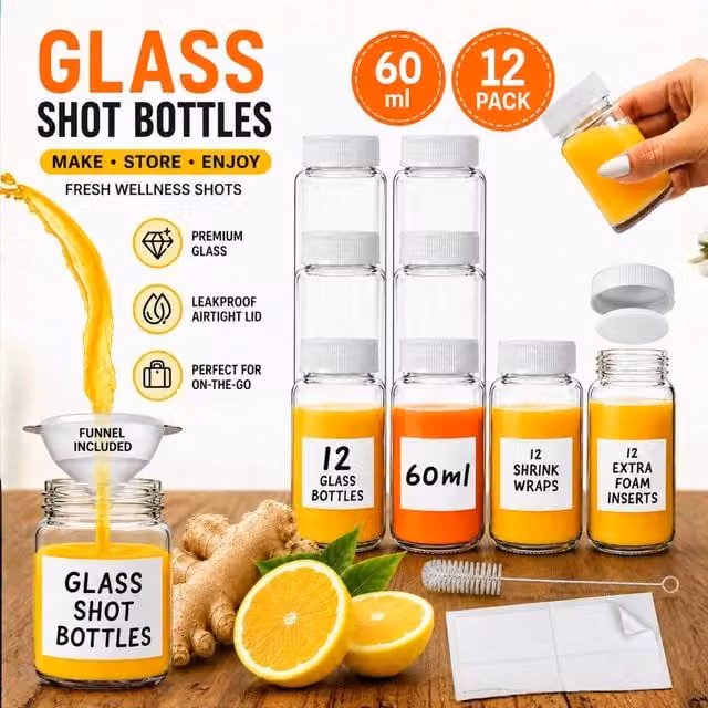 volila 24 Pack Clear Glass Juice Shot Bottles with White Lids, 60ml