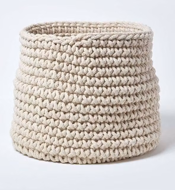 Homescapes Open Weave Cotton Knitted Storage Basket with Handles in Green or Beige, W: 42 cm, D: 37 cm