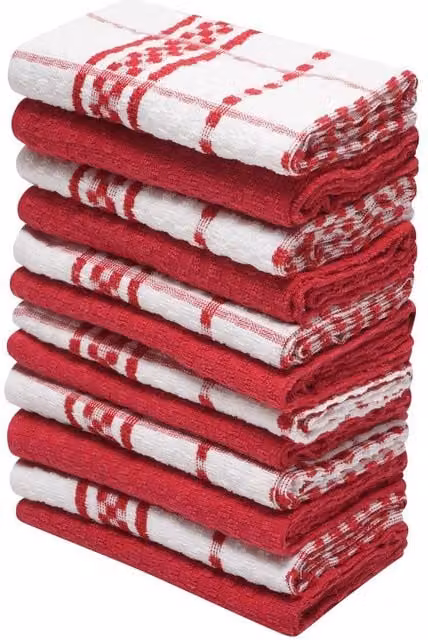 K Collection Checked Cotton Terry Tea Towel Set, Red, Pack of 12