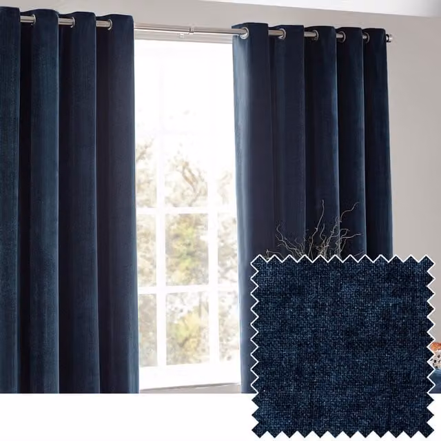 Make It A Home Navy Blue Chenille Velvet Room Darkening Eyelet Curtains, Width: 183 cm, Height: 183 cm