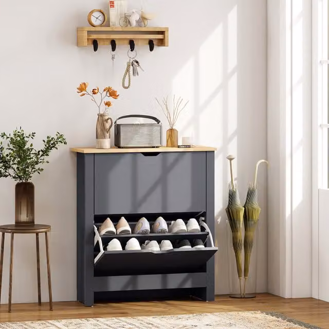 HOMCOM Modern Freestanding Shoe Storage Cabinet in Charcoal Grey with 4 Shelves and 2 Internal Drawers
