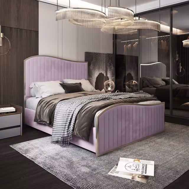 Darlington Soft Velvet Upholstered Metal Bed Frame in Pink, W/D/H: 90 x 190 cm