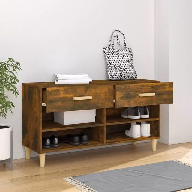 Berkfield Home Smoked Oak Shoe Cabinet in Brown, W/D/H: 102 x 35 x 55 cm