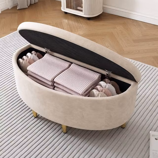 Rolipo Beige Velvet Upholstered Storage Bench with Metal Legs W/D/H: 90 x 40 x 42 cm