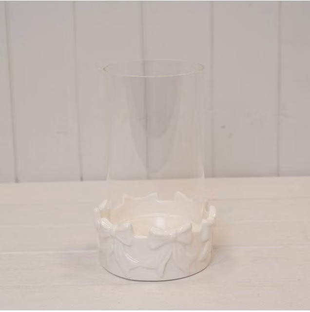 KDMD Round Bow Pillar Candle Holder with White Ceramic and Transparent Glass Insert