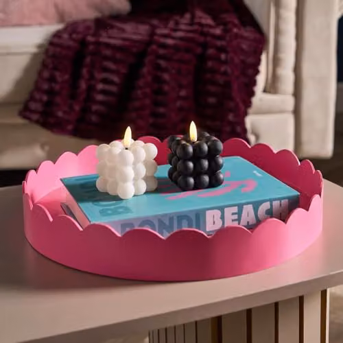 OHS Round Scallop Edge Decorative Plastic Storage Tray in Pink, Diameter: 35 cm