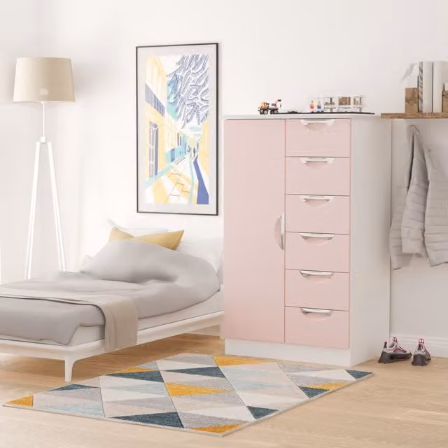 2 U Holborn Ready Assembled Kids Robe with 1 Door and 5 Drawers in Dusty Pink