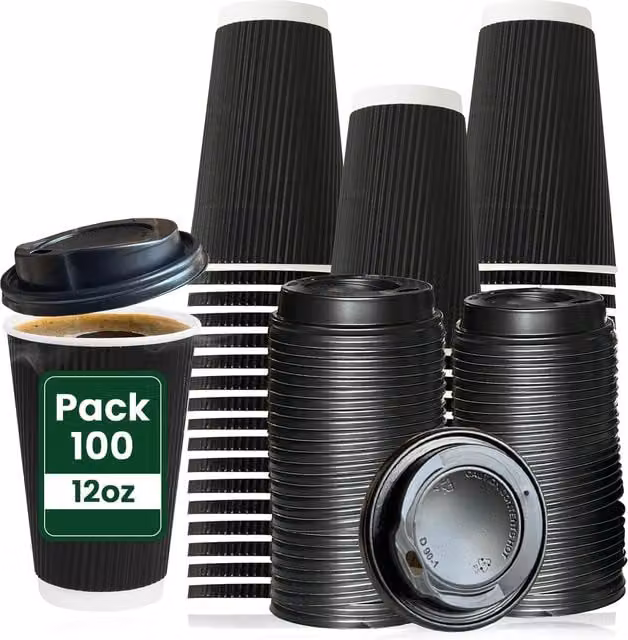 ECONX Disposable Black Paper Coffee Cups with Lids, 355 ml, Pack of 100