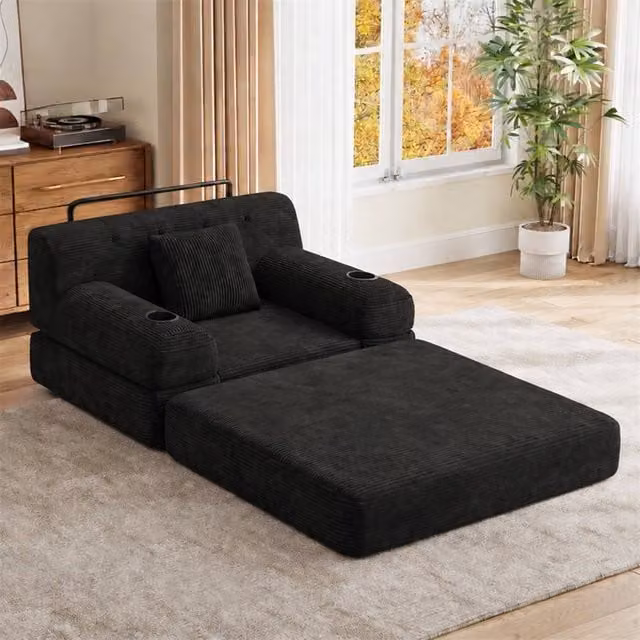 Direct Wicker Black Corduroy 1-Seater Sleeper Sofa Chair with Armrests