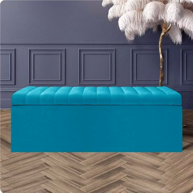 R&M Furnishers Safar Ottoman Storage Box, Striped Plush Velvet Upholstered Blanket Chest and End of Bed Bench in White and Petrol Turquoise
