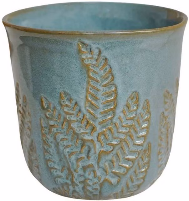Lemon Pavilion Furniture and Decor Kew Embossed Fern Ceramic Tabletop Planter, Petrol, W: 22.5 cm, D: 22.5 cm, H: 21.5 cm