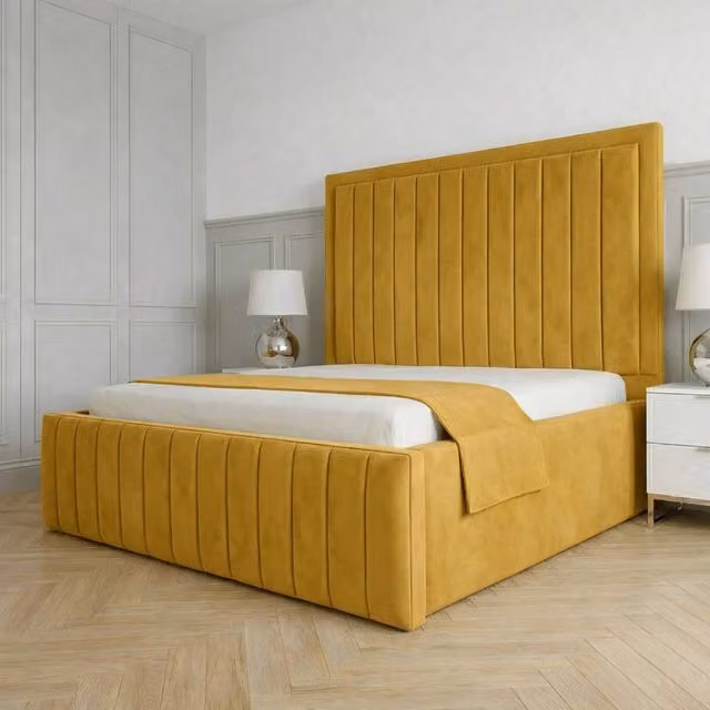 Living Comfort Bedz Sovereign Plush Velvet Upholstered Bed with Slatted Base and 48-Inch Headboard in Mustard Yellow, Single Size