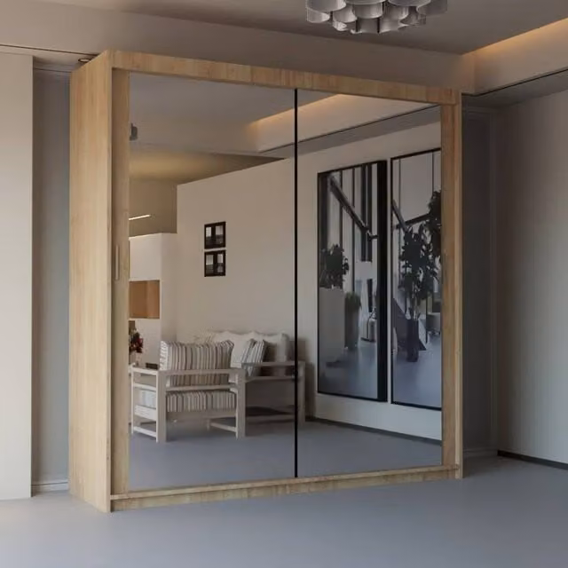 Sliding Wardrobes 4U Modern Double Sliding Door Wardrobe in Light Oak, W: 150 cm, H: 217 cm