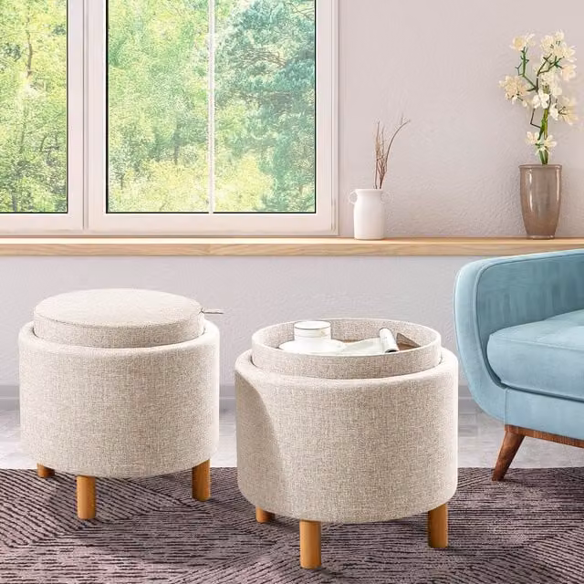 Costway Round Storage Ottoman Footrest in Beige