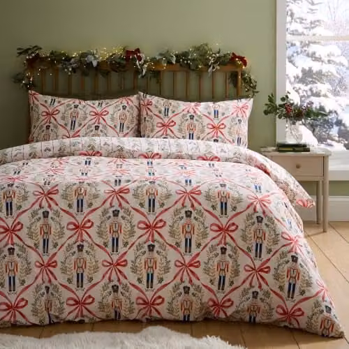 Catherine Lansfield Christmas Nutcracker Bows Reversible Duvet Cover and Pillowcase Set in Natural Beige, W/D/H: 200 x 200 cm