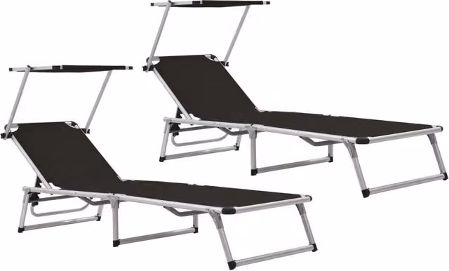 Berkfield Home Set of 2 Folding Sun Loungers with Sun Canopy and Adjustable Headrest in Black Powder Coated Aluminium and Textilene