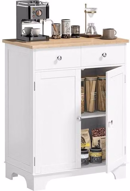 HOMCOM White Kitchen Storage Cabinet with Rubberwood Top and Internal Shelves and Drawers