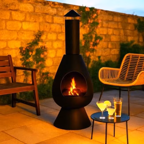 Jack Stonehouse Large Modern Outdoor Fire Chiminea Log Burner in Black, Height: 110 cm
