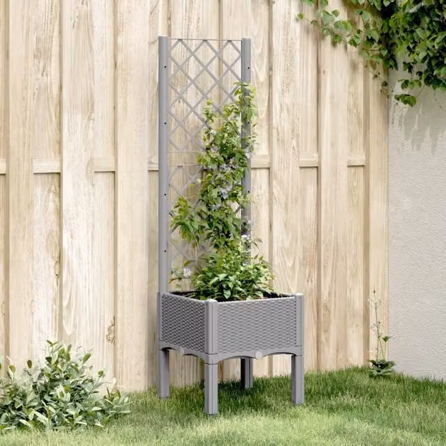 Berkfield Home Garden Planter with Trellis in Grey, W/D/H: 40 x 40 x 142 cm