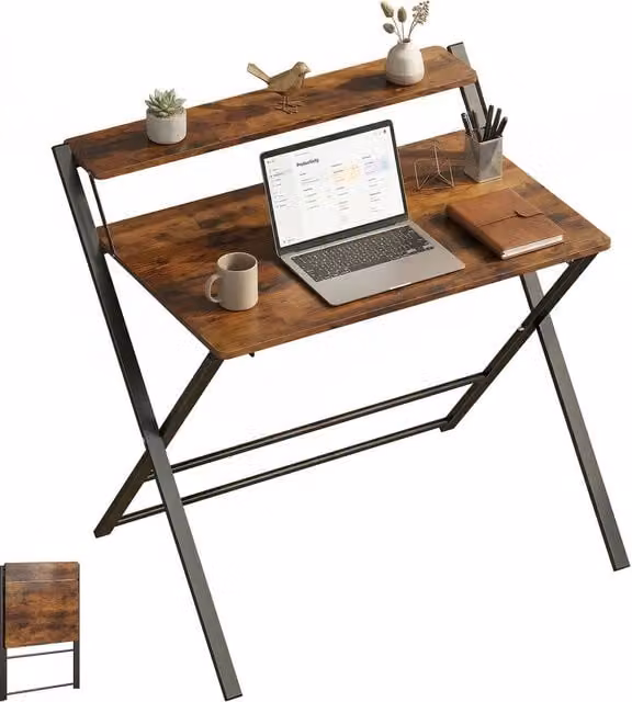 Rolipo Compact Folding Computer Desk with Storage Shelf in Brown