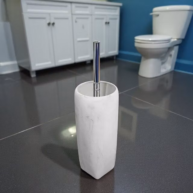 Showerdrape Octavia Freestanding Toilet Brush and Holder in White Marble and Chrome with Grey Resin and Metal Details
