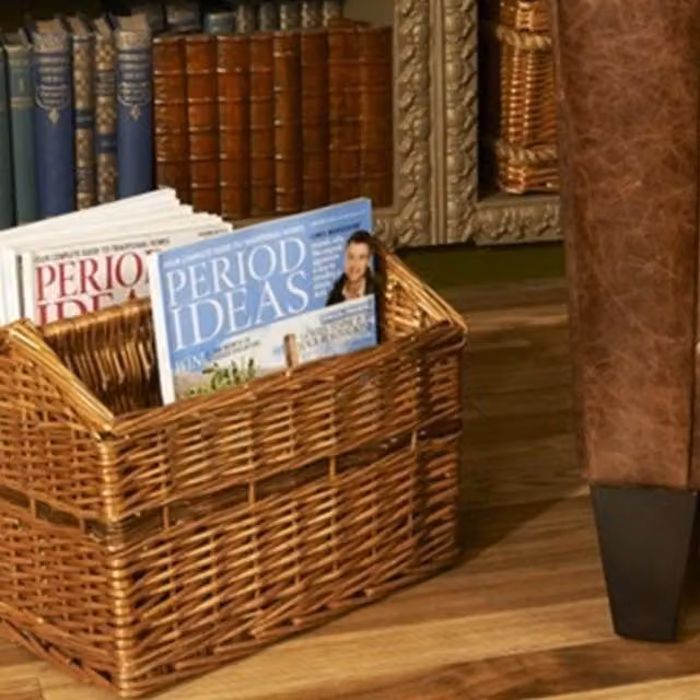 Red Hamper Wicker Magazine Rack Basket in Brown and Red with Handles