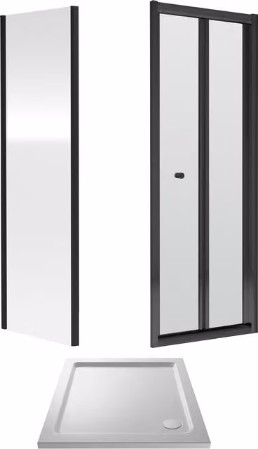 Balterley Ruwa Square Corner Shower Enclosure with Bi-Fold Door, Side Panel and Tray in Black, W/D: 76 x 76 cm, H: 190 cm
