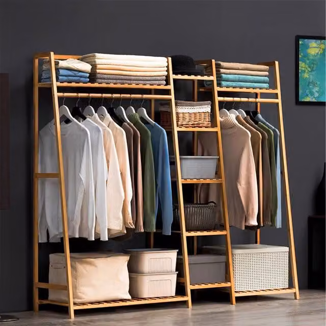Komore Modern A-Frame Bamboo Coat Rack with Continuous Linear Rail in Yellow