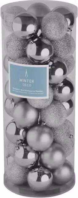 KDMD 48 Silver Round Plastic Christmas Baubles, Diameter: 8 cm
