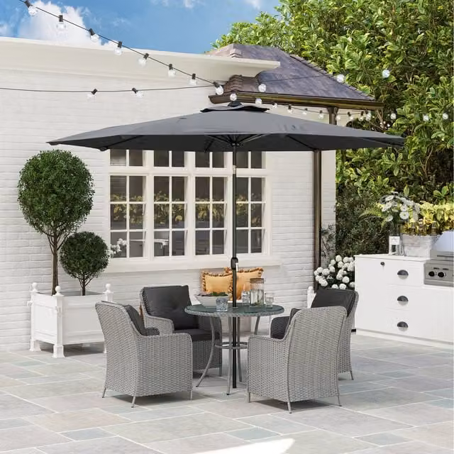 Outsunny 6 Piece Polyrattan Garden Furniture Set with Umbrella and Cushions in Light Grey